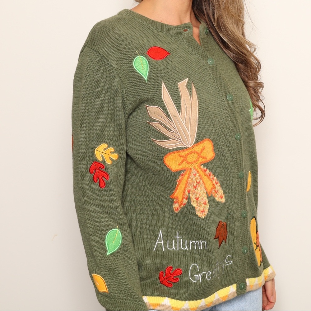 🍁Vintage Quacker Factory Green Autumn Cardigan with Leaf and Pumpkin Embroidery - Picture 3 of 5